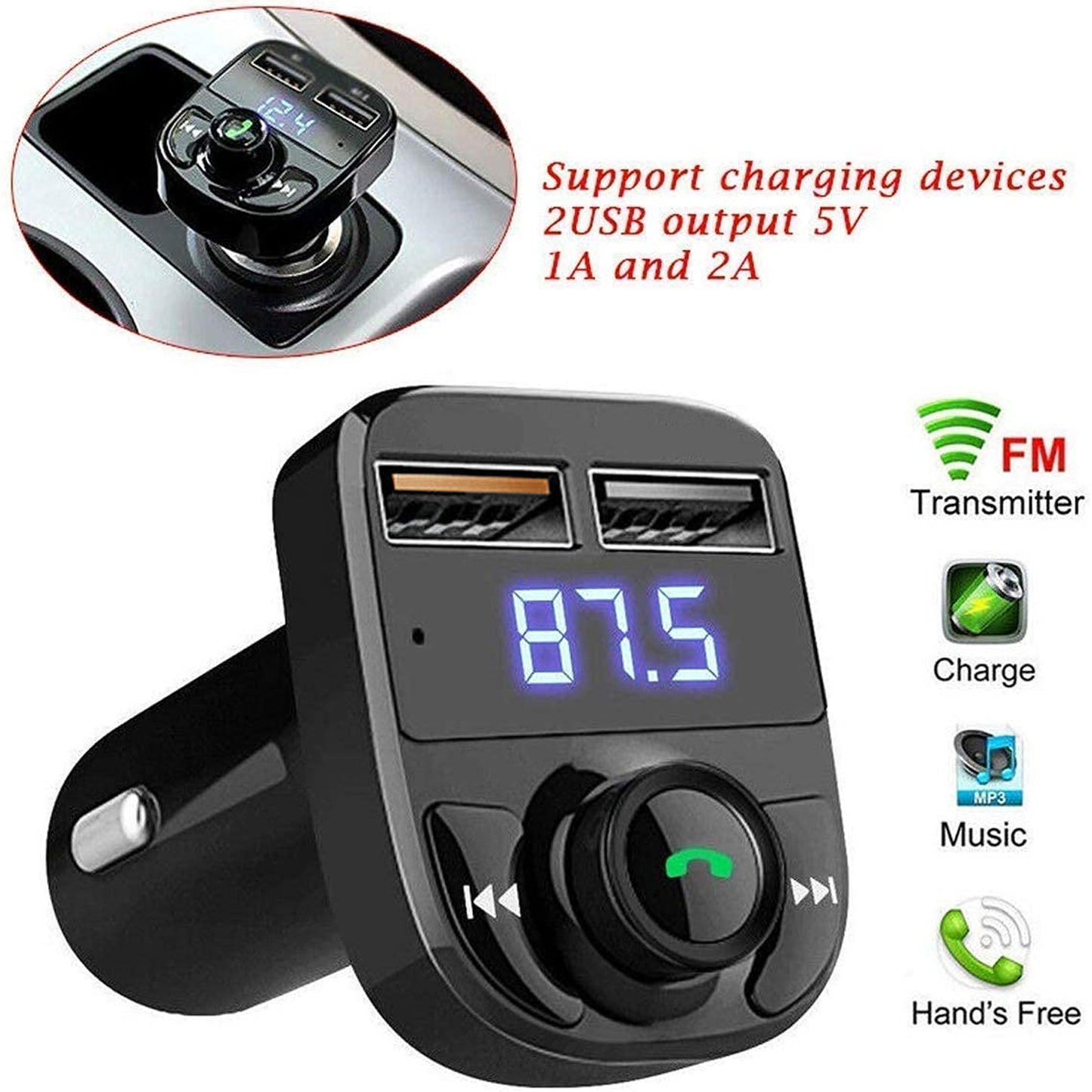 Car-x8 Bluetooth Fm Transmitter Kit For Hands-free Call Receiver  Music Player